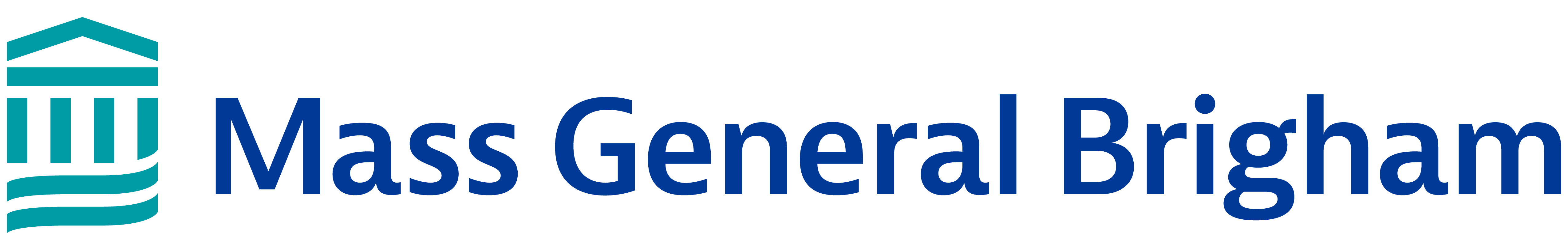 logo says mass general brigham next to an illustration of a house with pillars